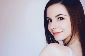 Fototapeta premium Smiling Brunette Woman with Bright Eyes Looking Over Shoulder