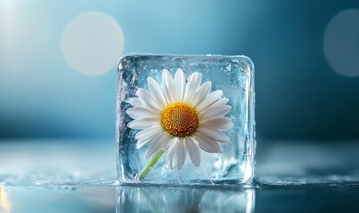 A beautiful daisy flower frozen inside a clear ice cube
