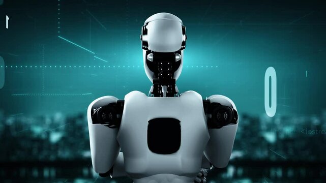 Futuristic robot artificial intelligence huminoid AI programming coding technology development and machine learning concept. Robotic bionic science research for future of human life. 3D rendering.