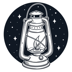 Vector illustrations depict an antique metal oil lantern and an old glass kerosene lamp, isolated retro lighting objects