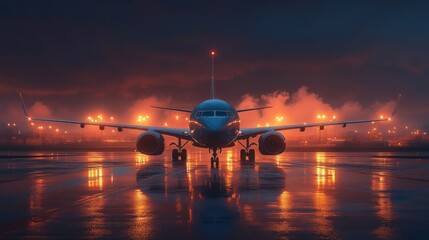 Night jetliner on wet runway