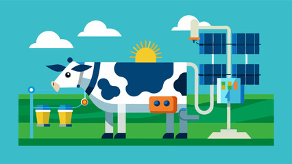 The robotic milking machine is powered by renewable energy sources making it a sustainable and environmentally friendly solution for dairy farming.. Vector illustration