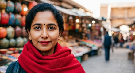 Fototapeta premium Mature asian female smiling in colorful market with red scarf