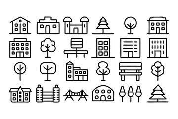 green city editable stroke outline icons set isola