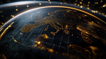 A close-up view of a glowing digital map of Europe, showcasing illuminated cities against a dark background, Ideal for technology, geography