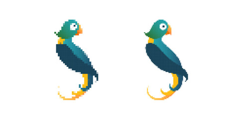 A pixel art parrot with vibrant blue and green feathers, featuring a playful and creative design.