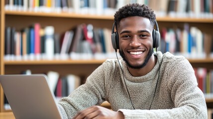 Cozy study vibes smiling in sweater with laptop and books