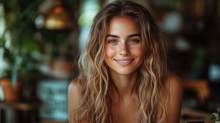 Smiling woman with long hair in a cafe with plants