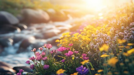 Obraz premium Vibrant Blossoms Adorn Rivers at Golden Hour