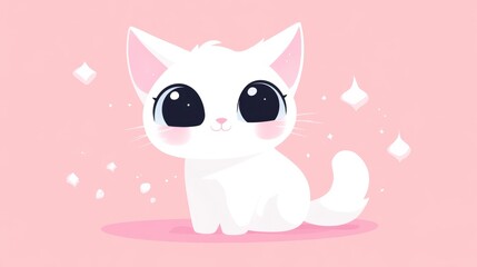 Fototapeta premium Adorable White Cat Illustration in Pastel Pink