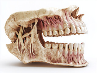 Naklejka premium Human skull and teeth anatomy with nerves and roots, medical concept
