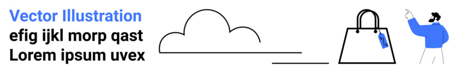 Cloud storage, shopping bag with a price tag, person pointing. Ideal for e-commerce, digital shopping, cloud integration, marketing, technology, advertising flat landing page banner