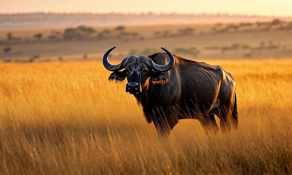 Majestic buffalo standing in golden grasslands during sunset, with a serene landscape in the background