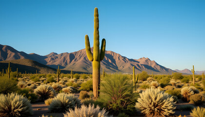 Saguaro cactus in desert landscape at sunset