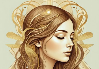 Elegant illustration of a woman with flowing hair and golden accents