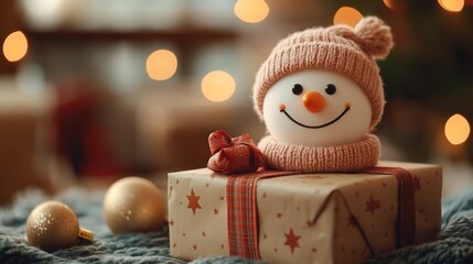 Snowman figurine on gift box, cozy Christmas scene with bokeh lights