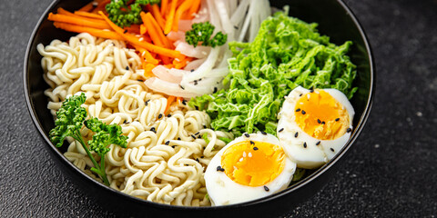 budda bowl noodles vegetables salad tasty fresh delicious gourmet food background table rustic food top view copy space keto and paleo diet vegetarian and vegan food