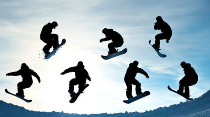 Snowboarder jump silhouette in different pose vector.