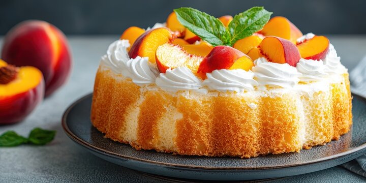 World baking day with homemade cake concept. Delicious peach cake with cream and mint garnish.