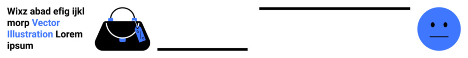 Black handbag with blue details, minimalist face graphic, and clean text lines Ideal for fashion, e-commerce, retail, branding, marketing, advertising, digital ads flat landing page banner