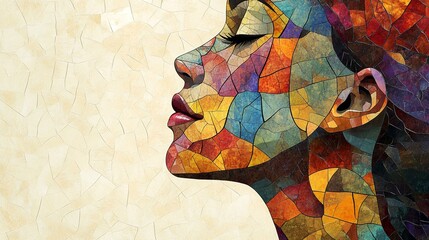 A vibrant, multicolored mosaic portrait of a woman's face in profile, eyes closed, against a soft beige background.  The artwork utilizes fractured, geometric shapes to depict a serene expression