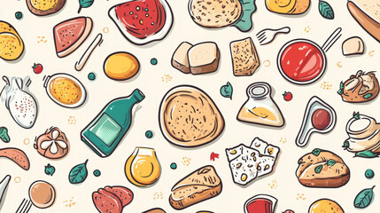 Breakfast healthy food meal icons seamless pattern background drinks flat design bread egg lunch healthy meat menu restaurant vector illustration.