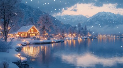 Fototapeta premium Snowy Lakeside Cabin Village at Dusk