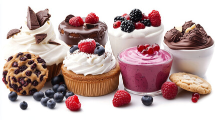 Baking shop menu cards vector illustration. Chocolate and fruity desserts for sweet cake shop with cakes, berry pudding, biscuits, whipped cream, beries glaze