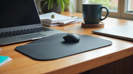 A mouse pad sits askew on a desk