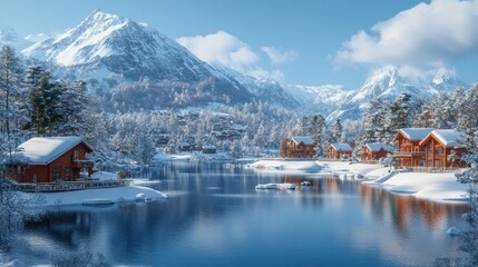 Fototapeta premium Snowy mountain lake village, winter landscape, chalet reflections