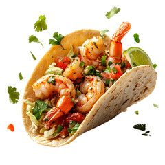A Fresh Shrimp Taco with Salsa Cabbage and Lime Isolated on Transparent Background