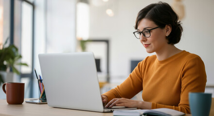Young asian adult woman working on laptop in modern office setting