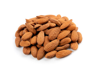 Almonds pile isolated, nut group, almond seeds, brown scattered fruit kernels on white background