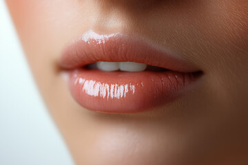 Obraz premium Close up detail young beauty woman natural soft lips texture. Cosmetics and skincare concept background.