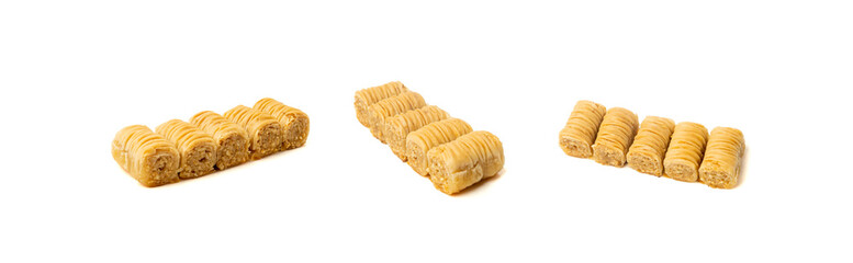 Rolled Baklava Isolated, Ramadan Dessert Roll on Restaurant Plate, Eastern Sweet Pastries