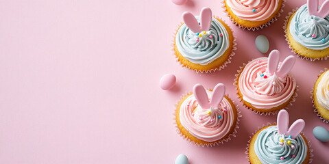 Easter cupcakes with bunny ear decorations and pastel icing, arranged on a soft pink background with space for text. Banner. Copy space. Flat lay. Top view. Mock up.