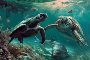 Fototapeta premium Two sea turtles swim gracefully in a peaceful underwater sanctuary, a dolphin rests nearby on the ocean floor, A peaceful underwater sanctuary where sea turtles and dolphins coexist harmoniously