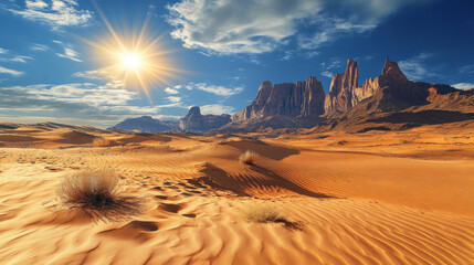 Naklejka premium Desert mountains sandstone wilderness landscape background dry under sun hot dune scenery travel vector illustration.