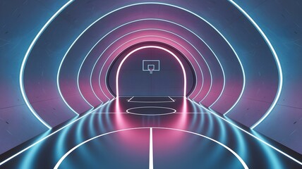 A digital rendering of an indoor basketball court with a futuristic, neon-lit aesthetic