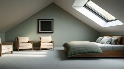 An attic bedroom featuring a sloping ceiling and a single skylight on the right side, flooding the room with natural light at sunrise