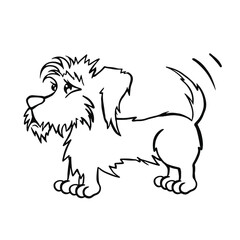 Cute black shaggy bearded mongrel dog wags tail rejoices, line coloring page vector