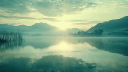 Fototapeta premium Peaceful Lake Scene with Calming Reflections at Dawn