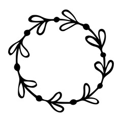Vector hand drawn illustration of frame, made of branch with leaves. Vintage style element, isolated on white background.