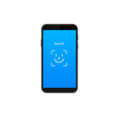 A smartphone shows a bright blue screen with a face id icon for unlocking and secure user access.