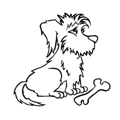 dog sitting next to bone, line coloring page vector