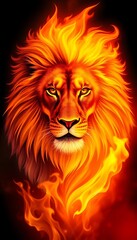 Obraz premium Fiery Lion Portrait Dark Backdrop Digital Art