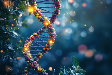 Colorful DNA Strand on Dark Background with Glowing Particles and Lush Greenery