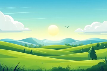 Fototapeta premium Serene Landscape with Rolling Green Hills under Bright Sun and Soft Clouds in a Clear Sky