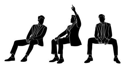 Company of business men, black silhouette of young people sitting