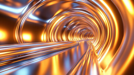 Futuristic metallic tunnel with abstract arches and vibrant lighting design